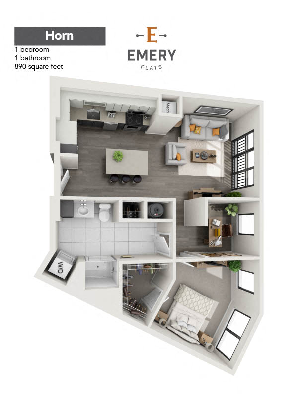 Floor plan for 1 bed, 1 bath, 890 sqft